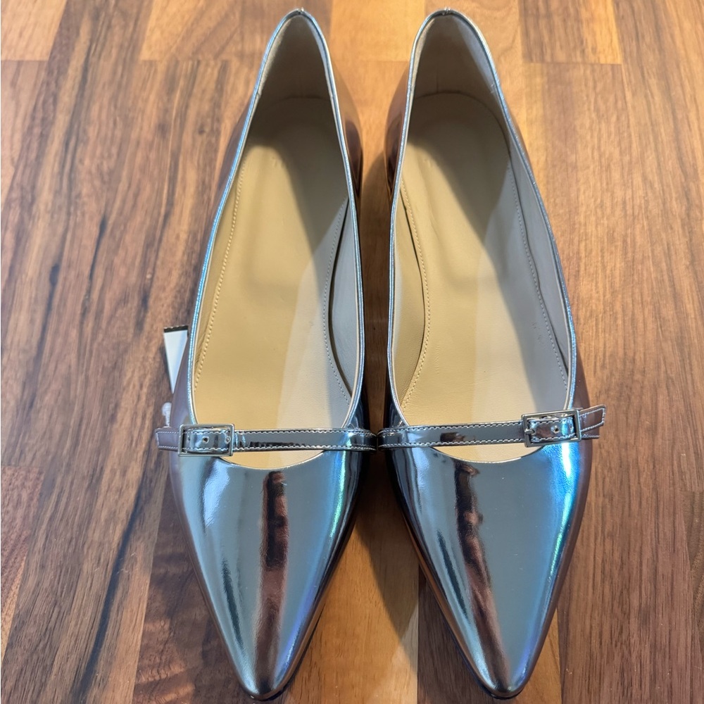 Theory Shiny Silver Pointed Flats
